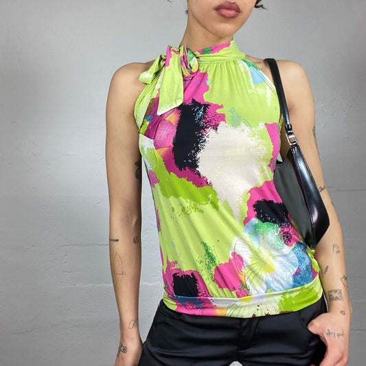 Vintage 90's Downtown Girl Lime Green Highneck Top with Maxi Floral Print (S)