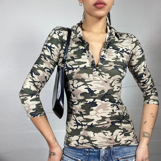 Vintage 2000's Rave Khaki Longsleeve Top with Camo Print (S)