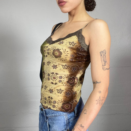 Vintage 90's Boho Brown Top with Ethnic Floral Print (S)