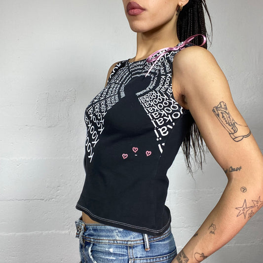 Vintage 2000's Kookai Downtown Girl Black Top with Circular Monogram Print (S/M)