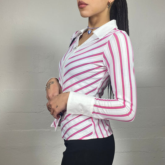 Vintage 90's Rachel Green White Zip Up Shirt with Pink Stripes Print (S)