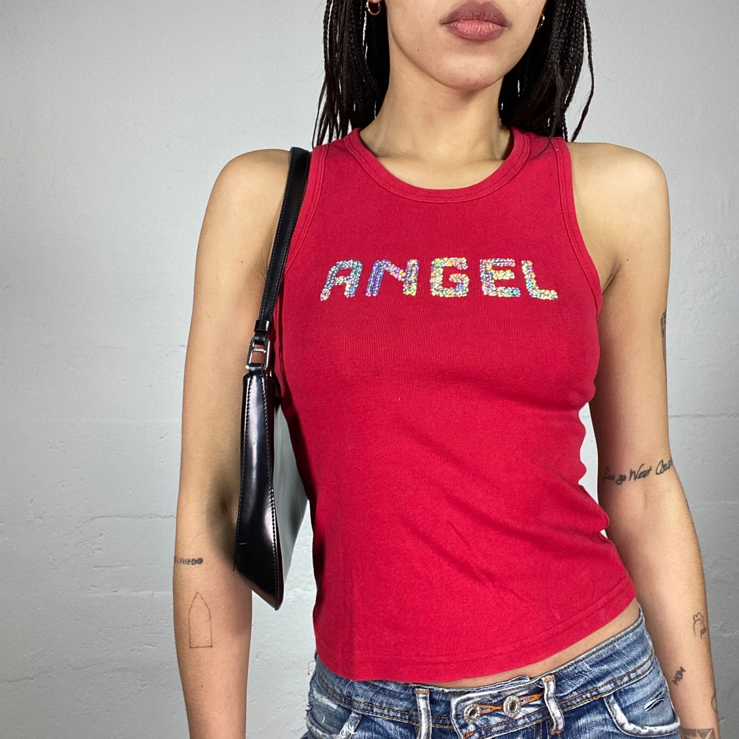 Vintage 90's Model Off Duty Red Top with Strass "Angel" Print (S/M)