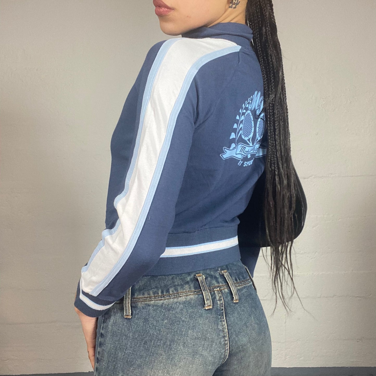 Vintage 2000's Downtown Girl Blue Zip Up Hoodie with "Only Game Match" Print (S)