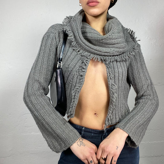 Vintage 2000's Downtown Girl Grey Drapped Turtleneck Open Cardigan (M)