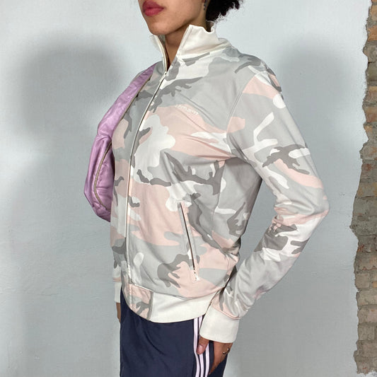 Vintage 90's Carhartt Pink and Grey Camo Zip Up Sweater (M)