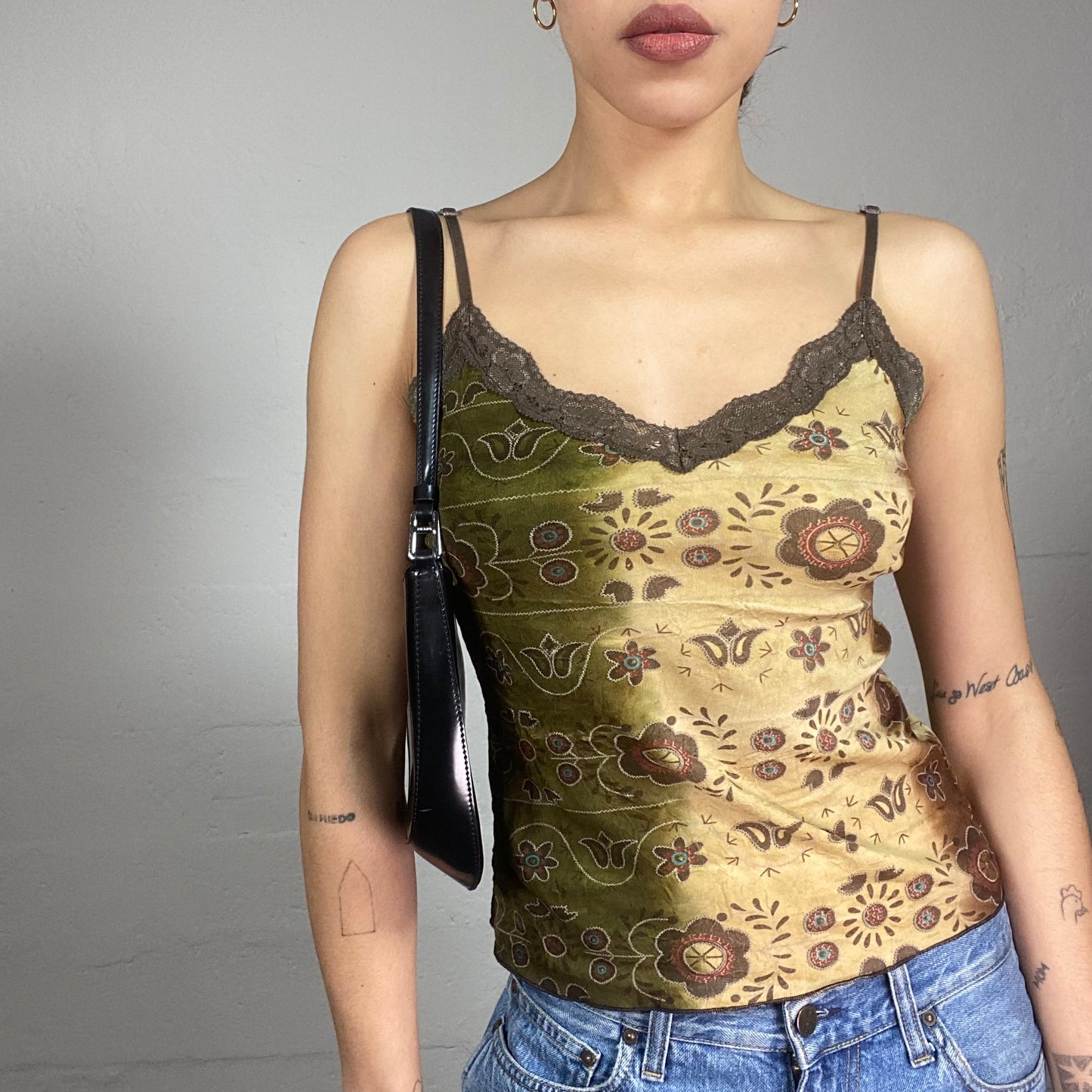 Vintage 90's Boho Brown Top with Ethnic Floral Print (S)