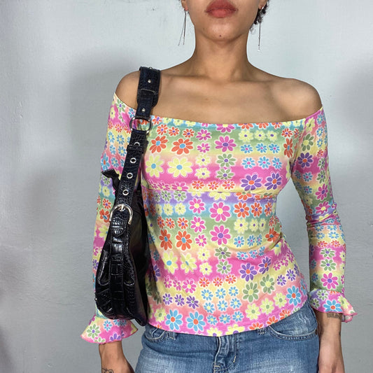 Vintage 90's Hippe Multicolor Floral Off Shoudler Top (S)