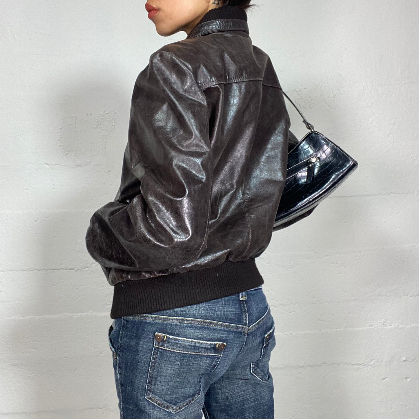 Vintage 90's Biker Brown Buffalo Leather Short Racer Jacket with Black Knitted Details (M/L)