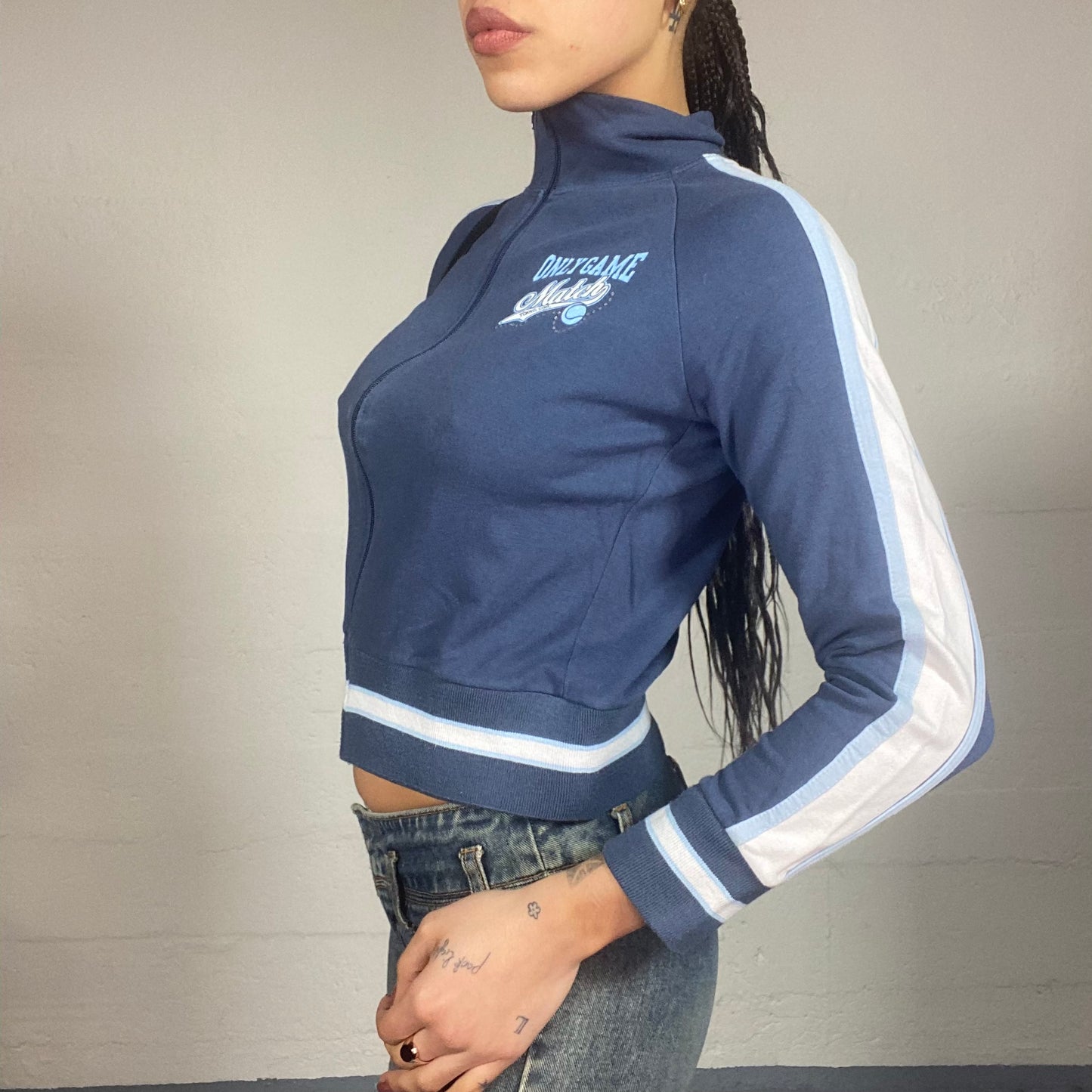 Vintage 2000's Downtown Girl Blue Zip Up Hoodie with "Only Game Match" Print (S)