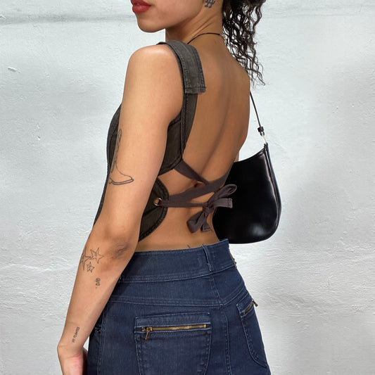 Vintage 2000's Cyber Brown Open Back Denim Top with Dungaree Detail (S/M)