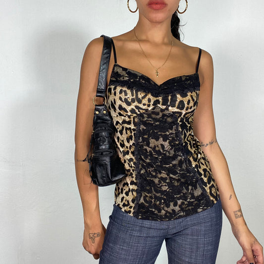Vintage 2000's Coquette Brown Leopard Top with Black Floral Lace (S/M)