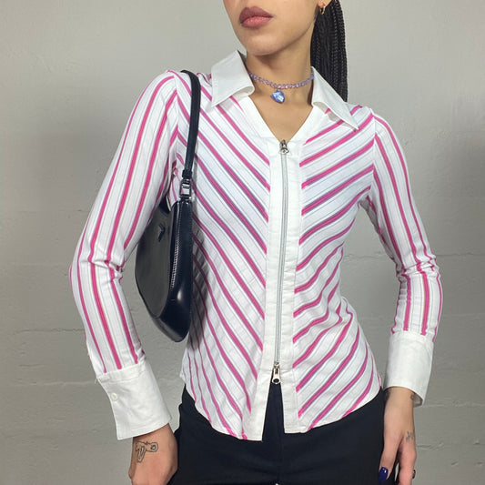 Vintage 90's Rachel Green White Zip Up Shirt with Pink Stripes Print (S)