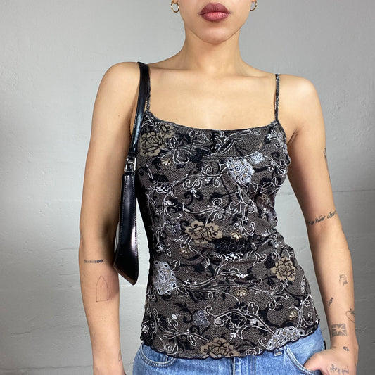 Vintage 2000's Romantic Girl Black Top with Floral Print (S/M)
