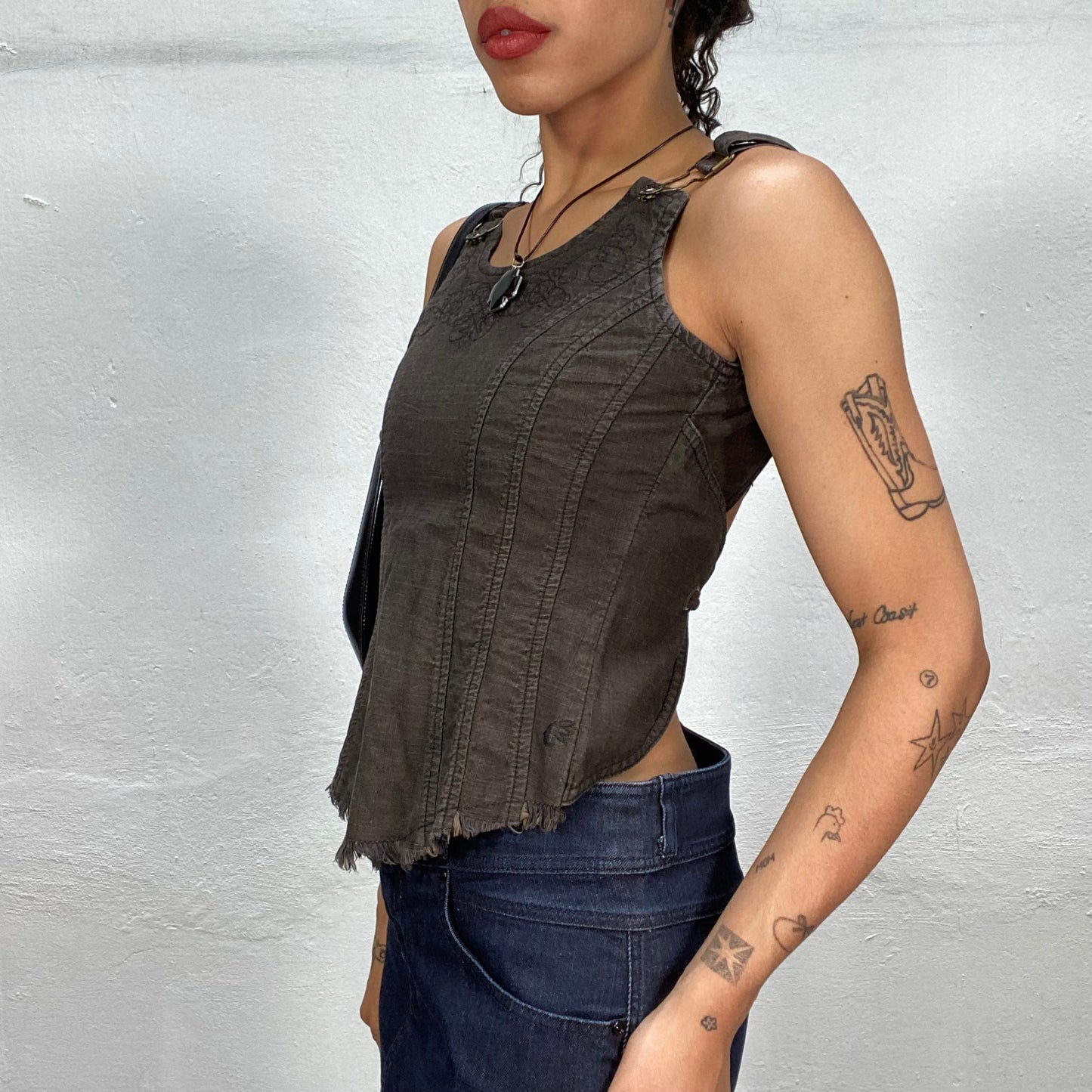 Vintage 2000's Cyber Brown Open Back Denim Top with Dungaree Detail (S/M)