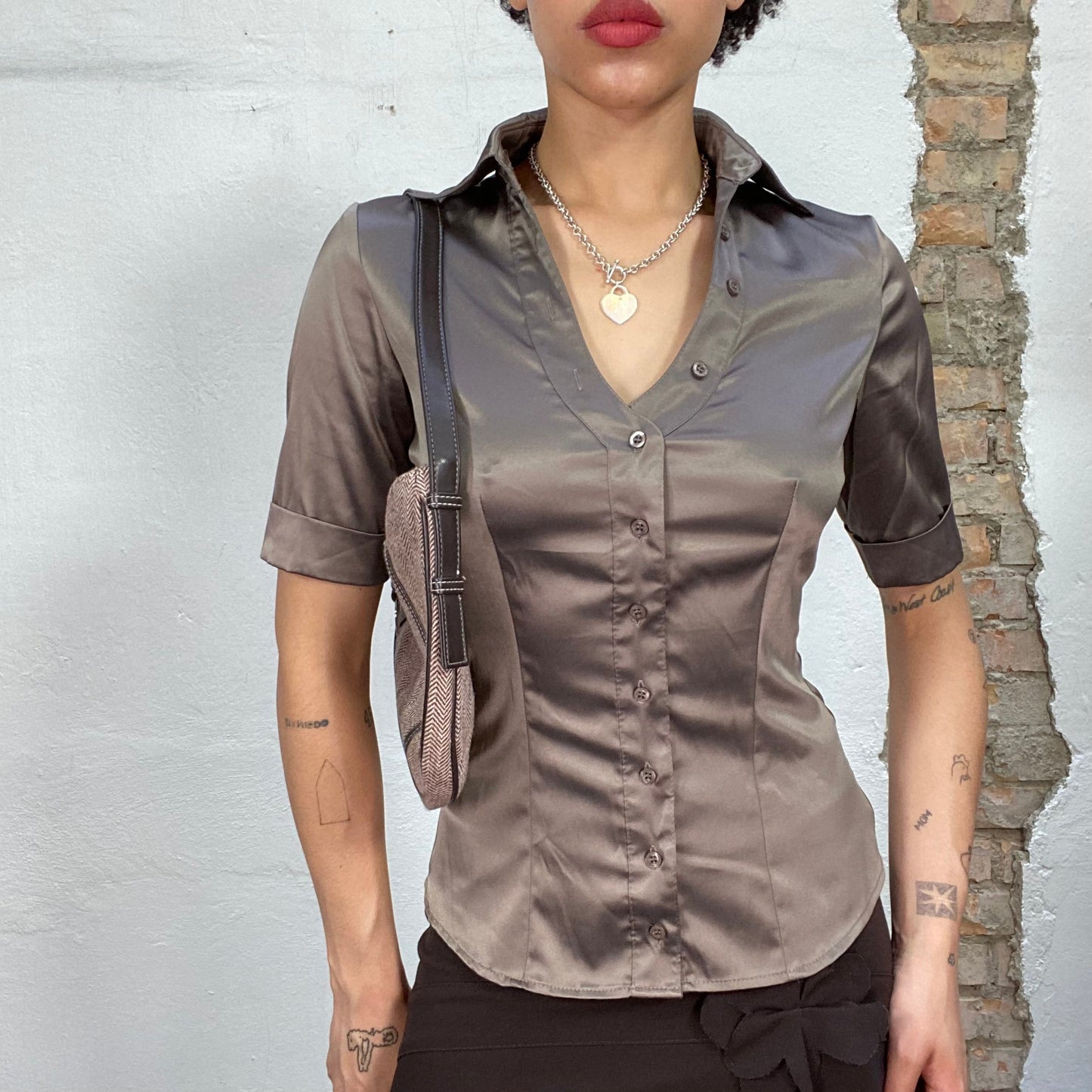 Vintage 90's Romantic Brown Button Up Satin blouse with Button Detail (S)