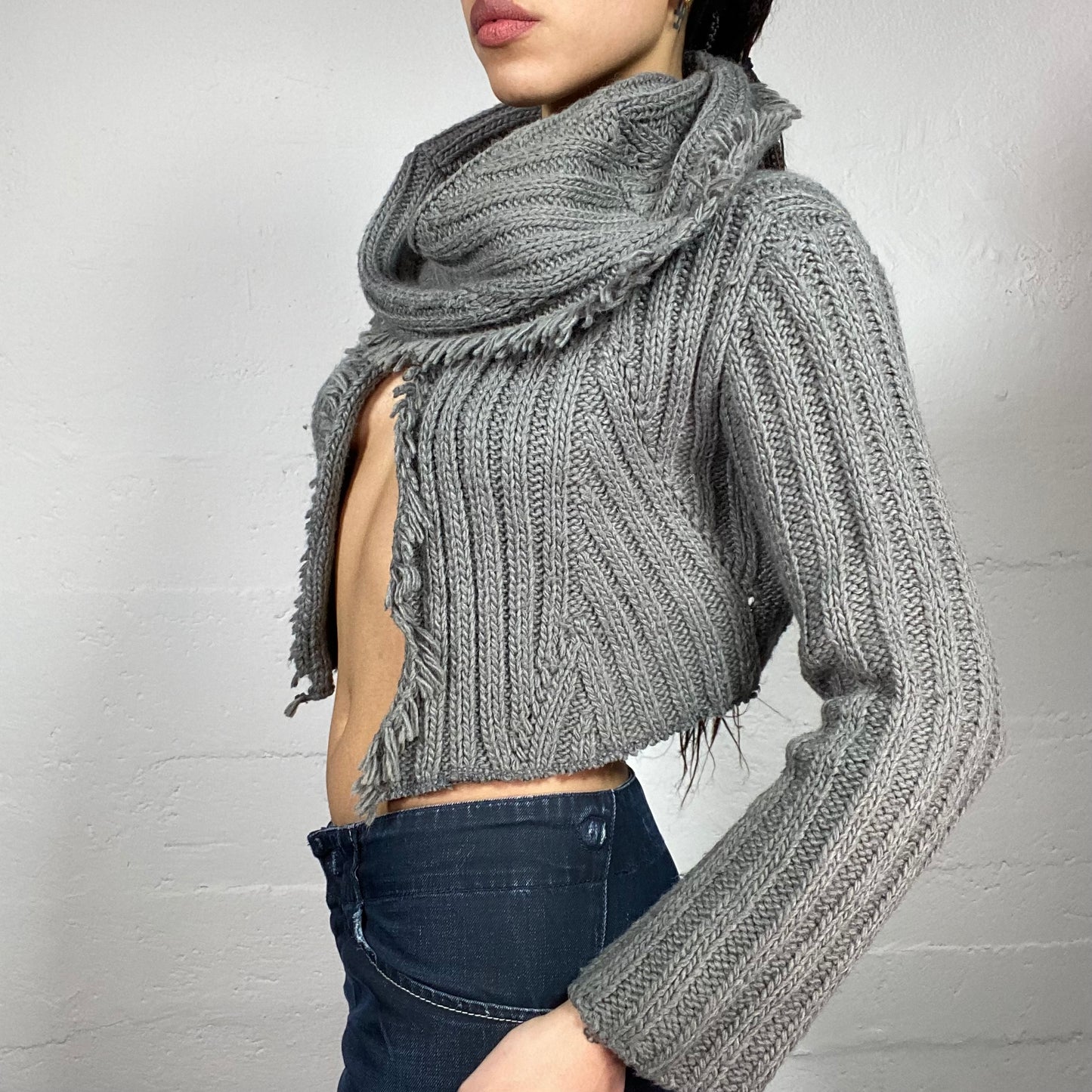 Vintage 2000's Downtown Girl Grey Drapped Turtleneck Open Cardigan (M)