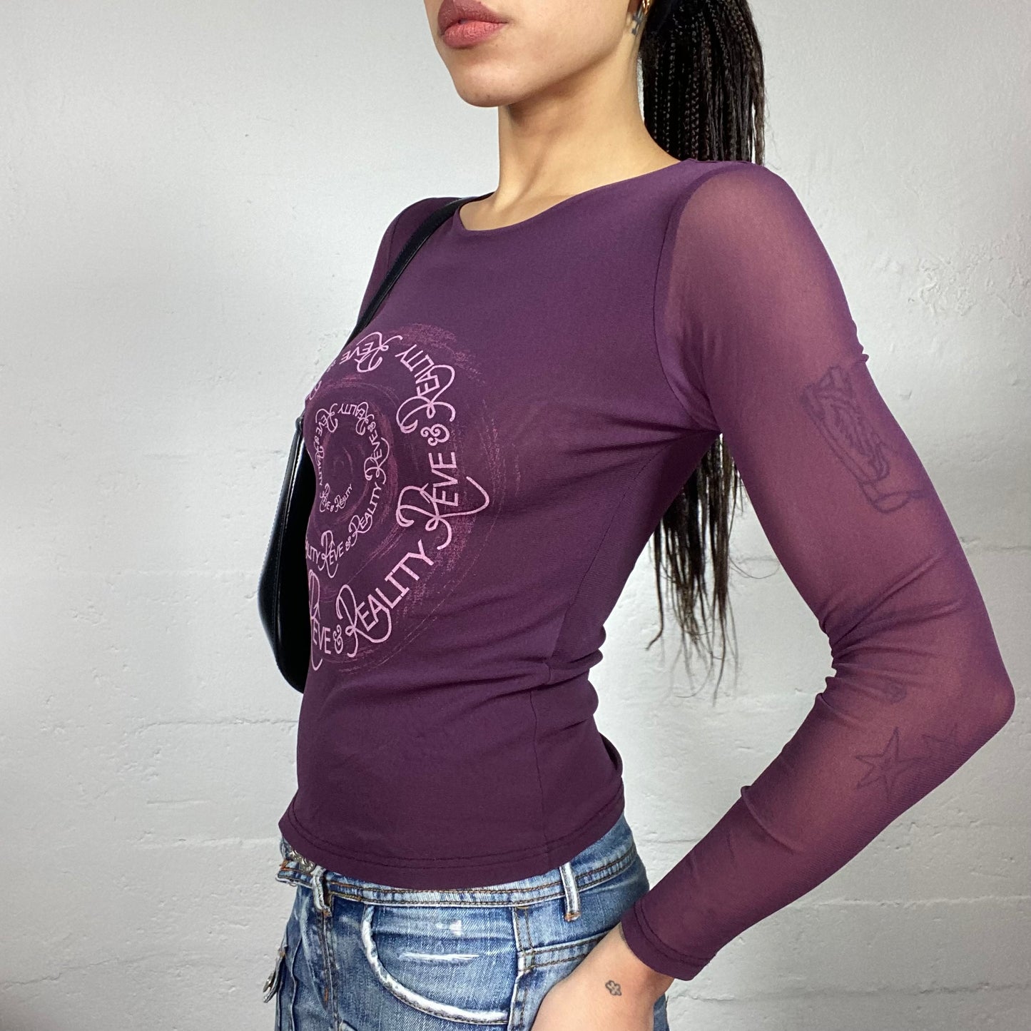 Vintage 90's College Girl Purple Mesh Longsleeves Top with Spiral Typography Print (S)