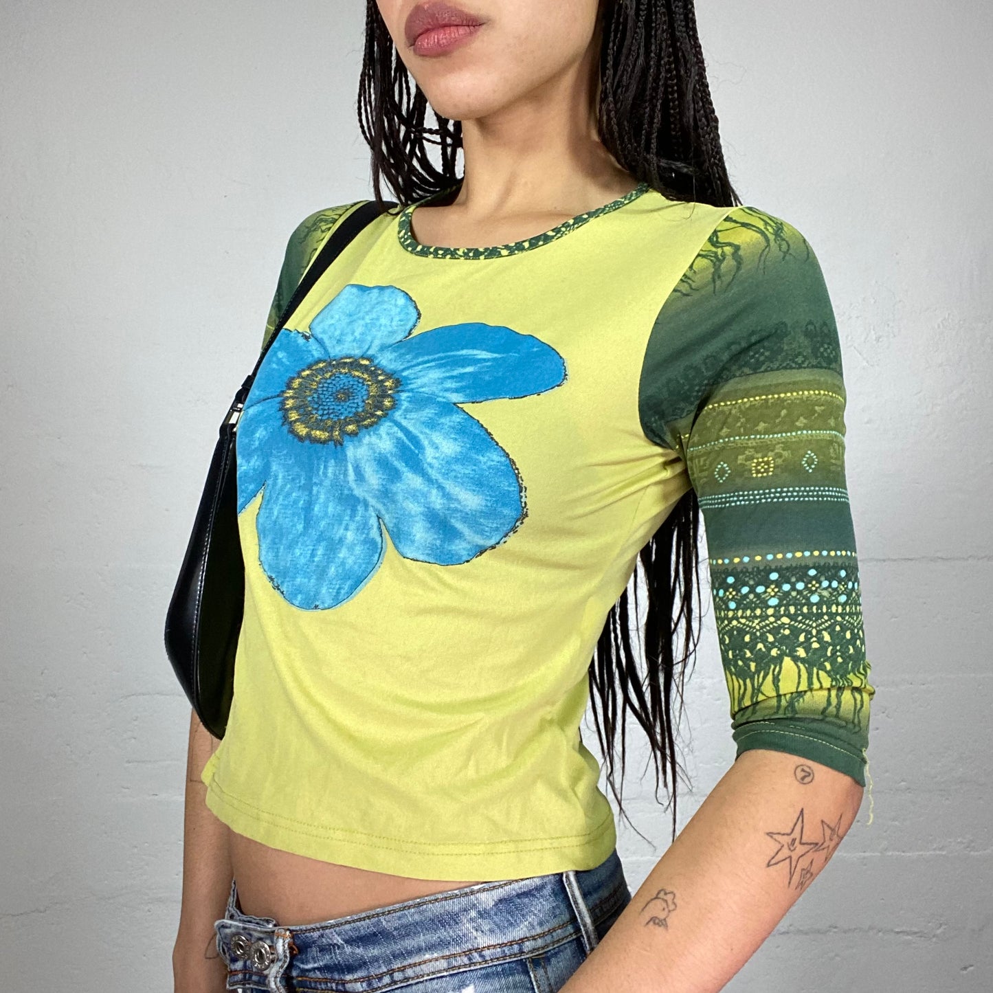 Vintage 90's Phoebe Buffay Yellow 3/4 Sleeve Top with Ethnic Print and Big Blue Flower Design (S)