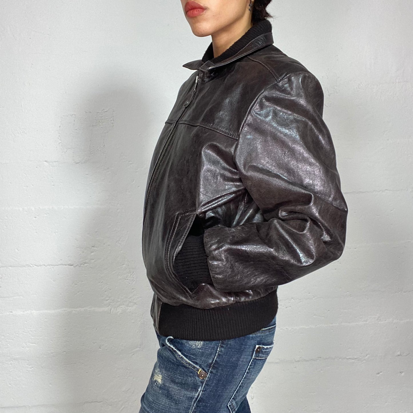 Vintage 90's Biker Brown Buffalo Leather Short Racer Jacket with Black Knitted Details (M/L)