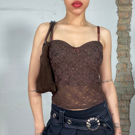 Vintage 2000's Coquette Brown Lace Top with Small Bow Detail (S)