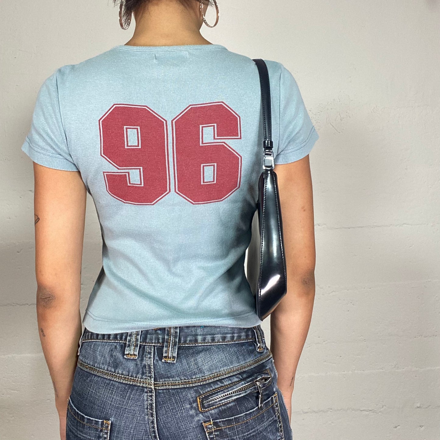 Vintage 2000's Downtown Girl Blue Crop Top with Red "University 96" Print Detail (XS)