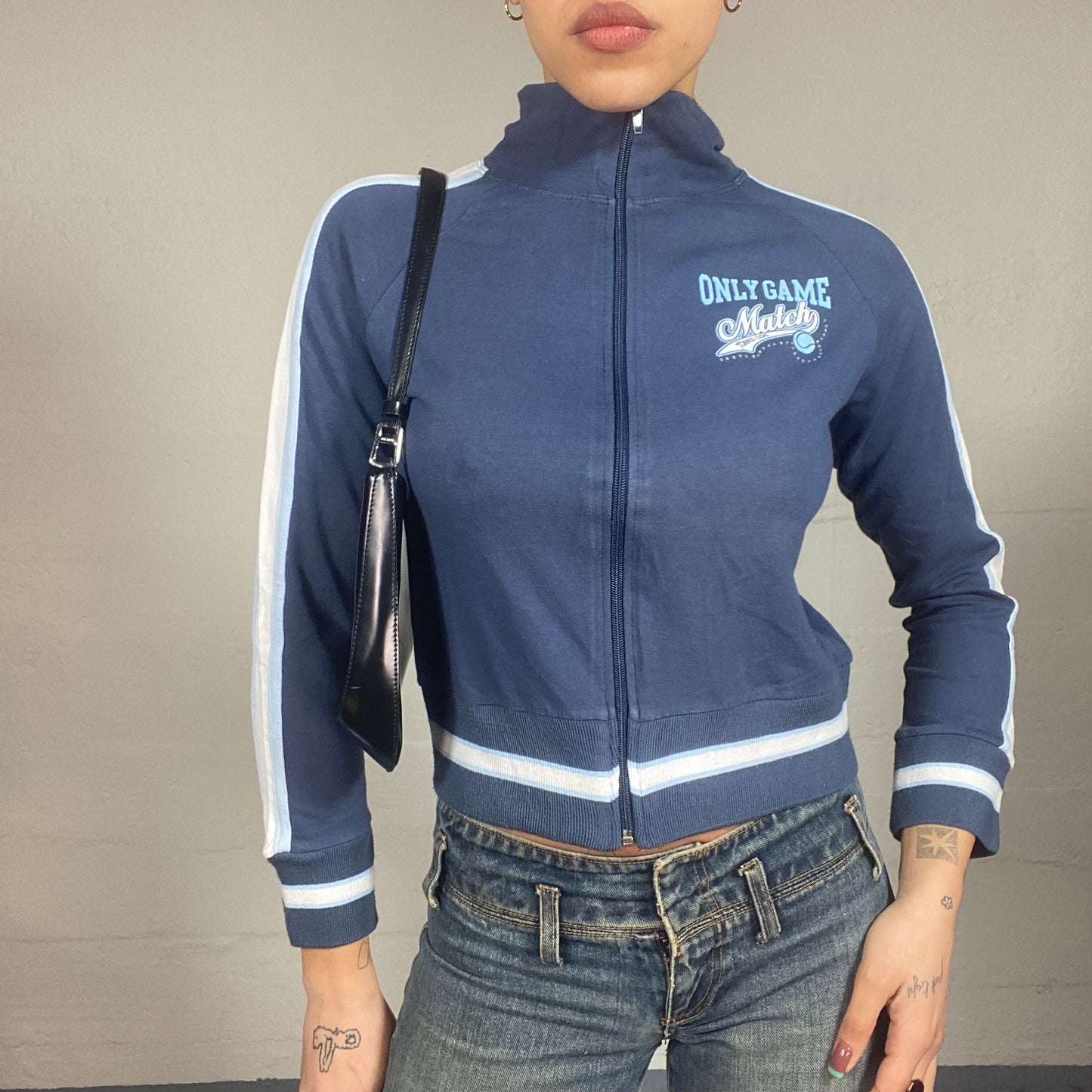 Vintage 2000's Downtown Girl Blue Zip Up Hoodie with "Only Game Match" Print (S)