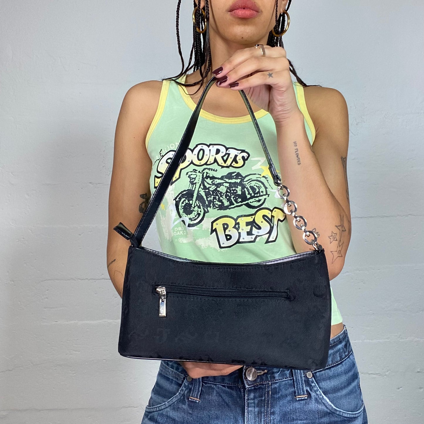 Vintage 2000's Gothic Black Faux Leather Shoulder Bag with Monogram Print