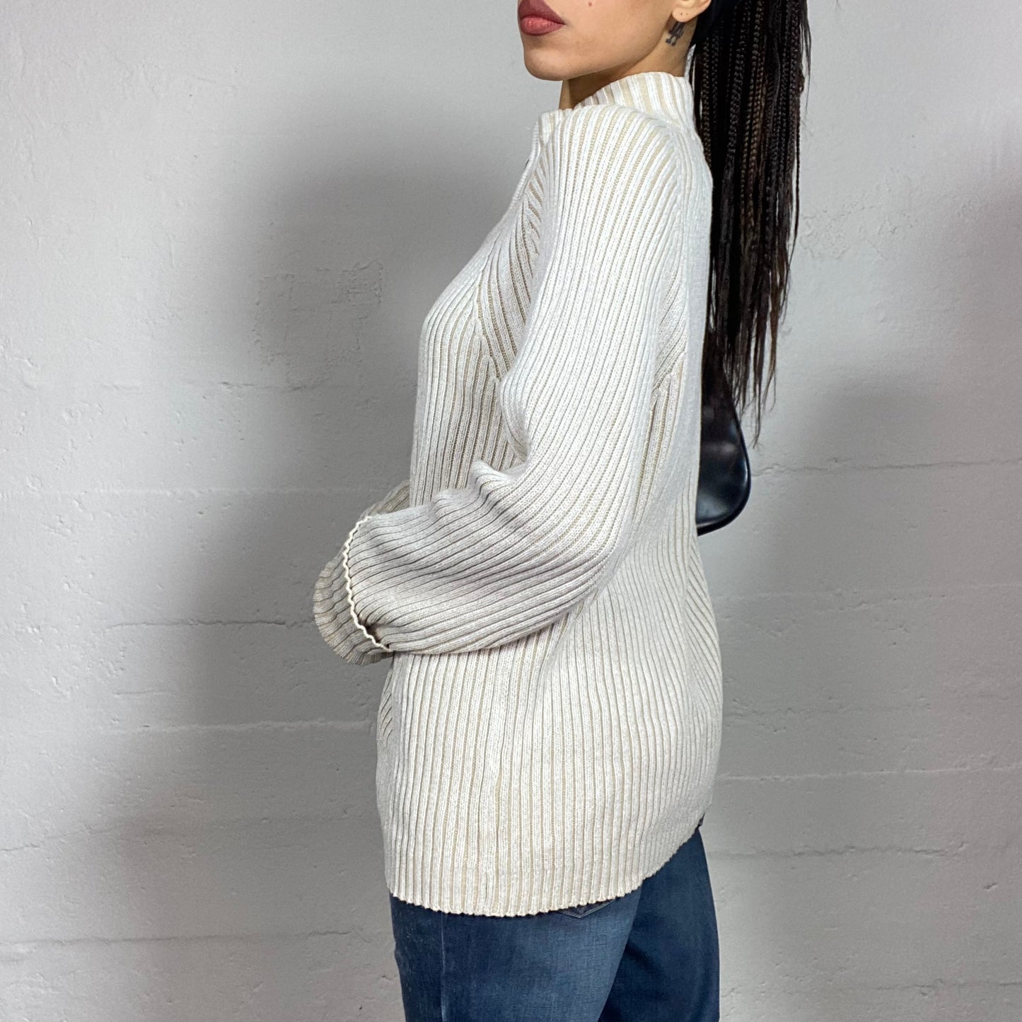 Vintage 90's Cyber Off White Knit Zip Up Sweater (L)