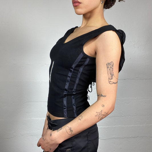 Vintage 2000's College Girl Black Top with Silver Glitter 'A' Print Detail (S)