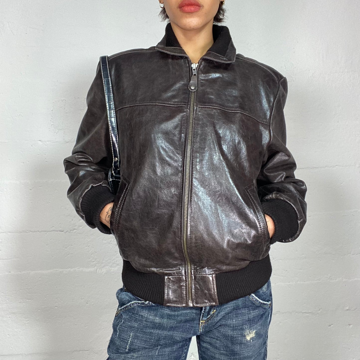 Vintage 90's Biker Brown Buffalo Leather Short Racer Jacket with Black Knitted Details (M/L)