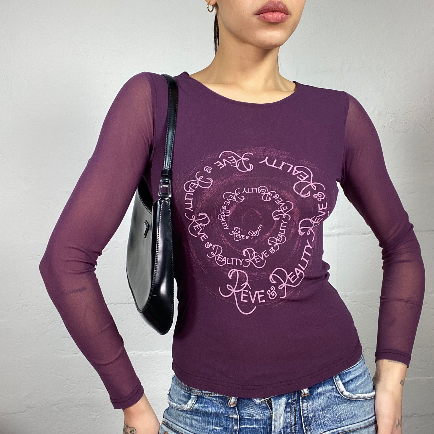 Vintage 90's College Girl Purple Mesh Longsleeves Top with Spiral Typography Print (S)