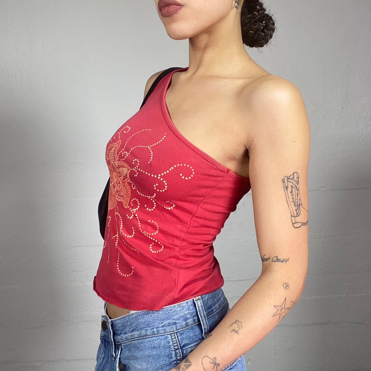 Vintage 90's Boho Red One Shoulder Top with Orange Flower Mandala Print (S/M)