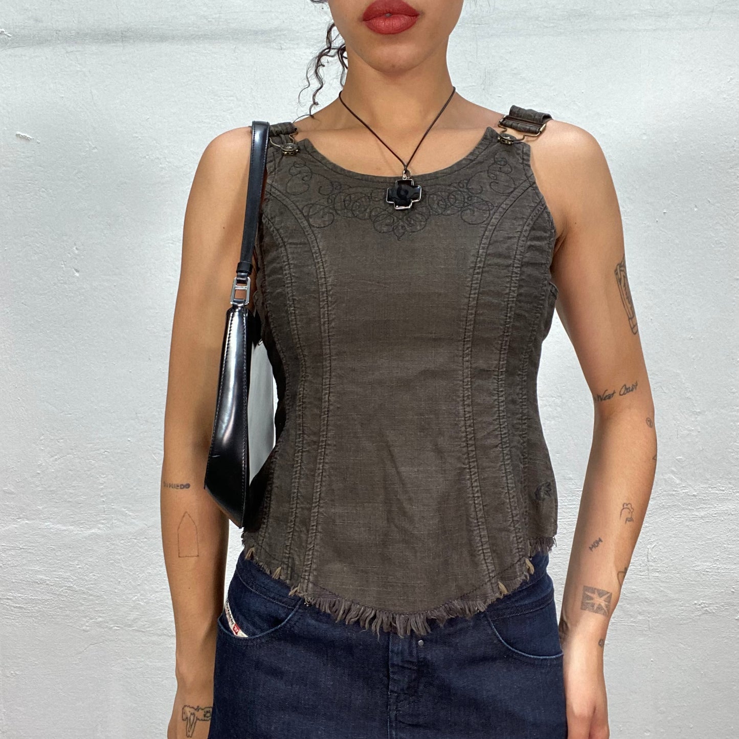 Vintage 2000's Cyber Brown Open Back Denim Top with Dungaree Detail (S/M)