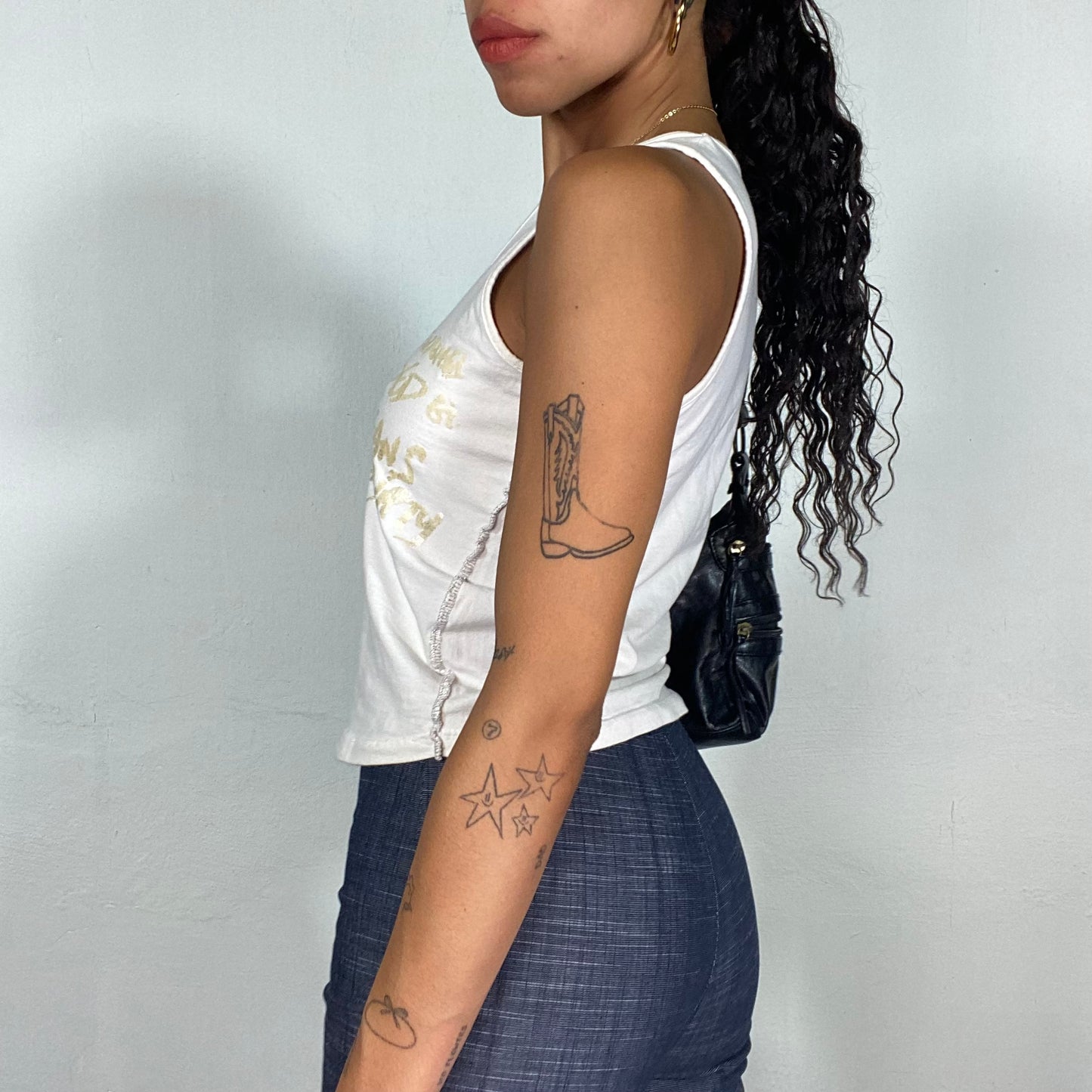 Vintage 2000's Sleaze White Top with Gold Typography Print (S/M)