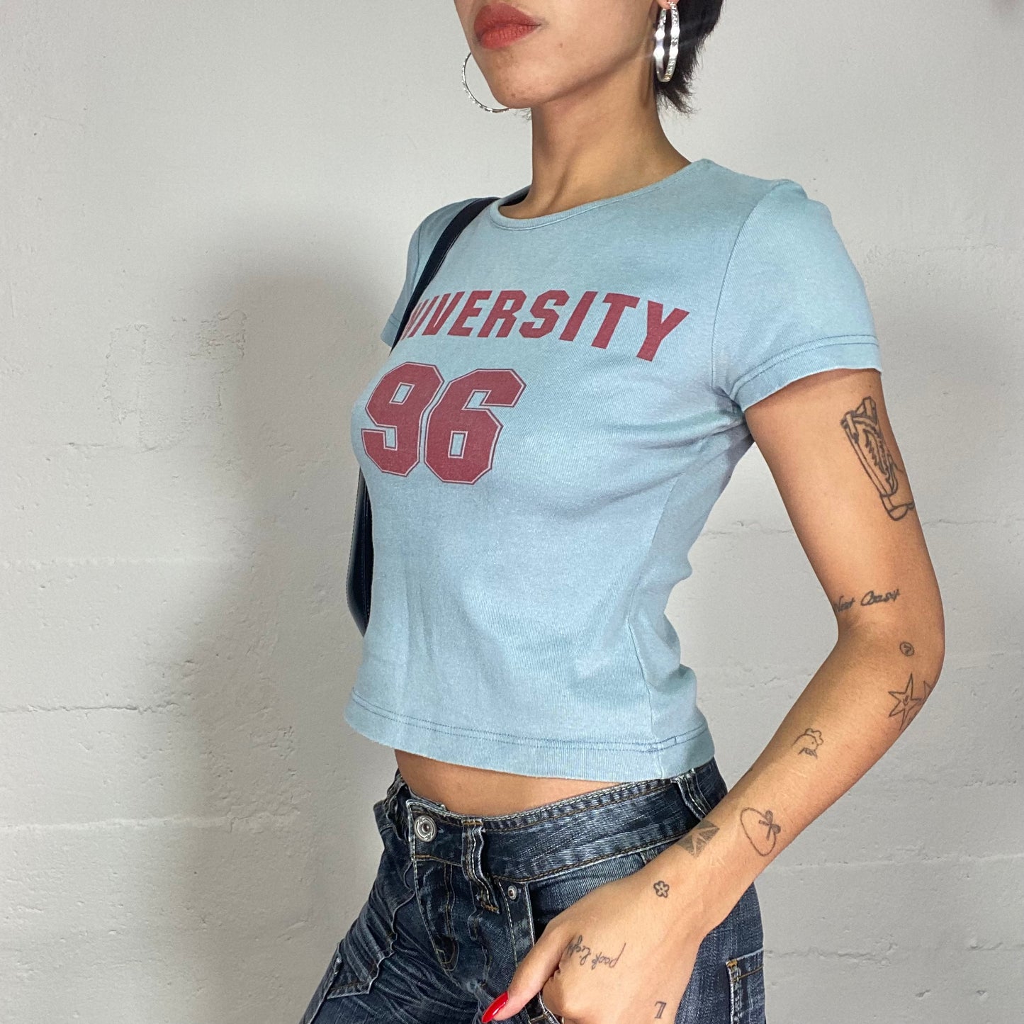 Vintage 2000's Downtown Girl Blue Crop Top with Red "University 96" Print Detail (XS)