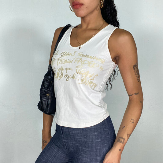 Vintage 2000's Sleaze White Top with Gold Typography Print (S/M)