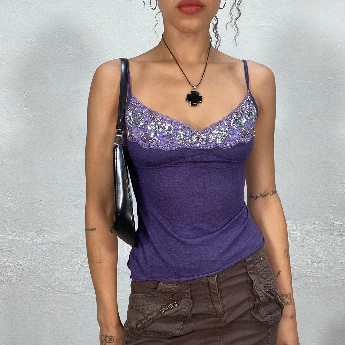 Vintage 90's Indie Purple Cami Top with Beaded Lace Neckline Detail (S)