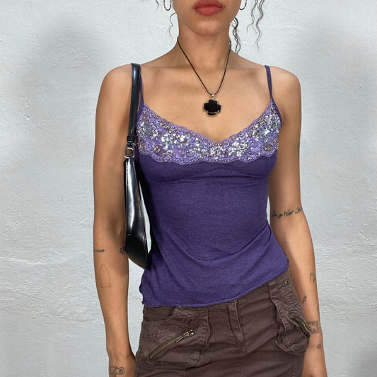 Vintage 90's Indie Purple Cami Top with Beaded Lace Neckline Detail (S)