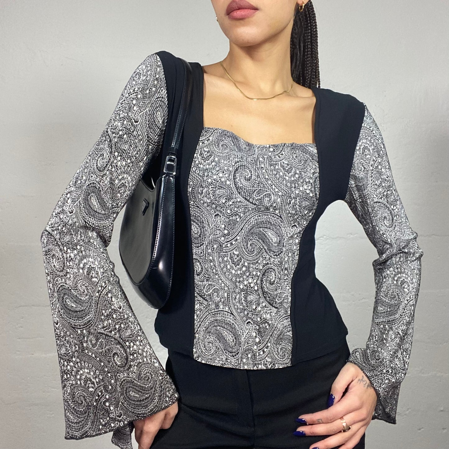 Vintage 90's Indie Black Longsleeve Blouse with Angel Sleeves and Paisley Print (M)