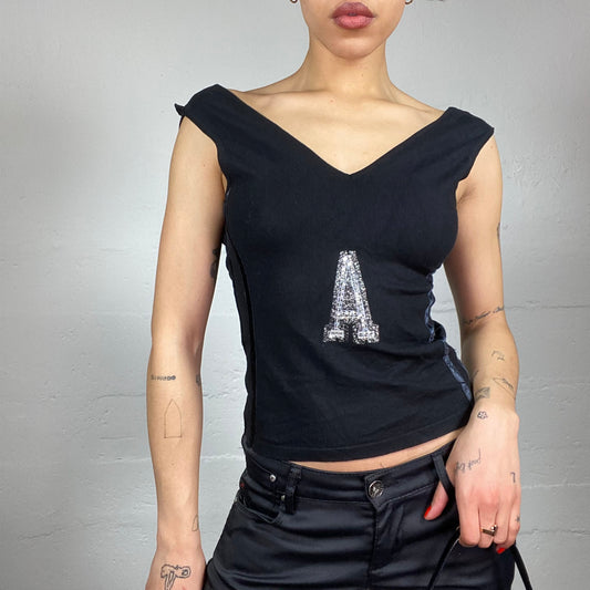 Vintage 2000's College Girl Black Top with Silver Glitter 'A' Print Detail (S)