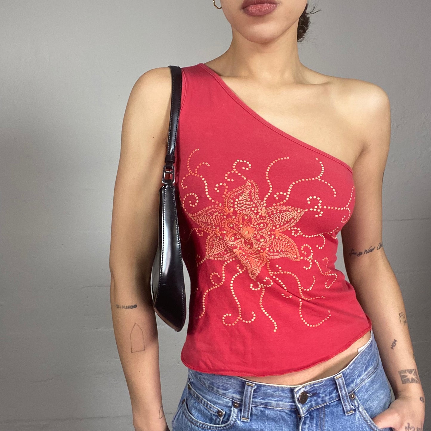 Vintage 90's Boho Red One Shoulder Top with Orange Flower Mandala Print (S/M)