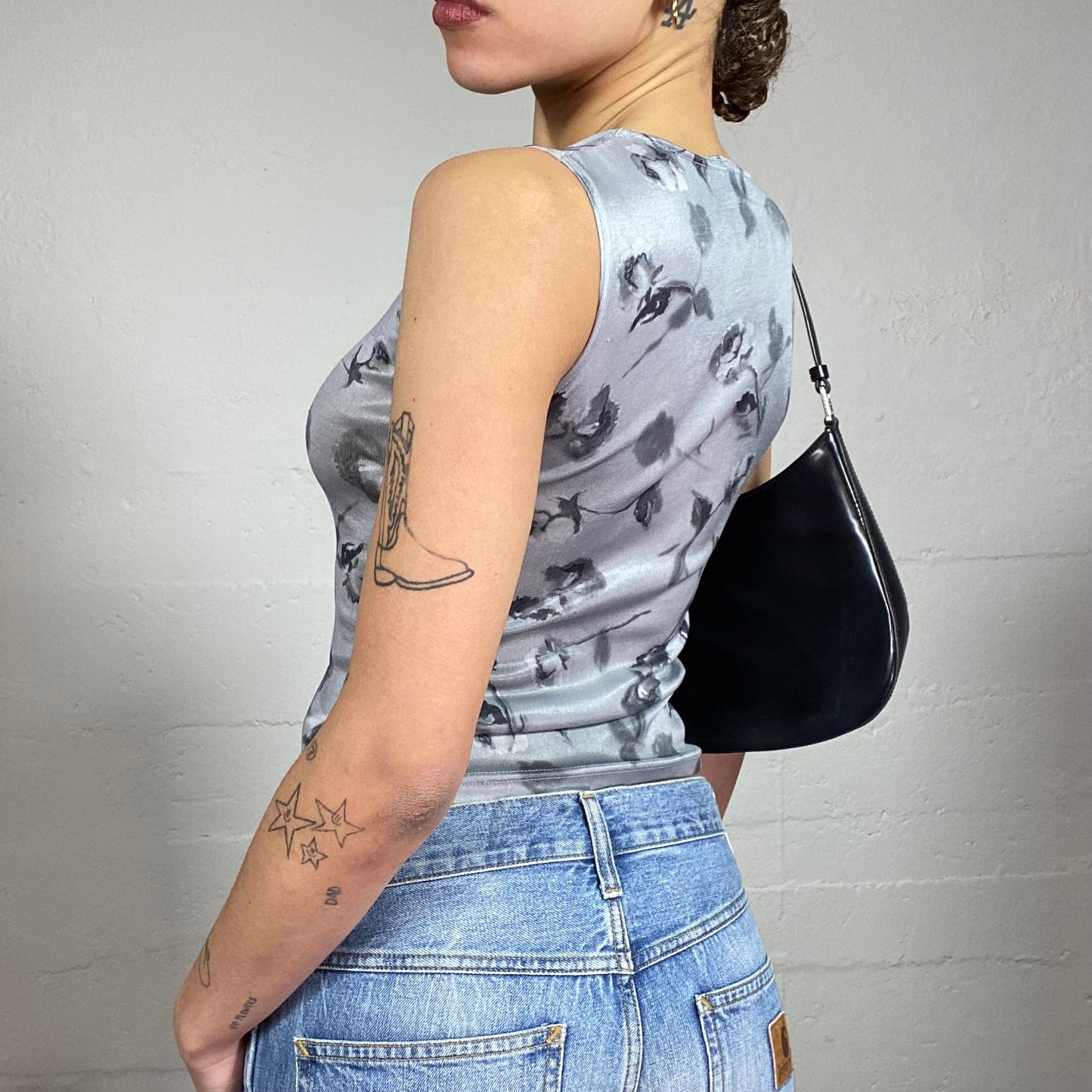 Vintage 2000's Romantic Girl Grey Square Neck Top with Roses Print (S)
