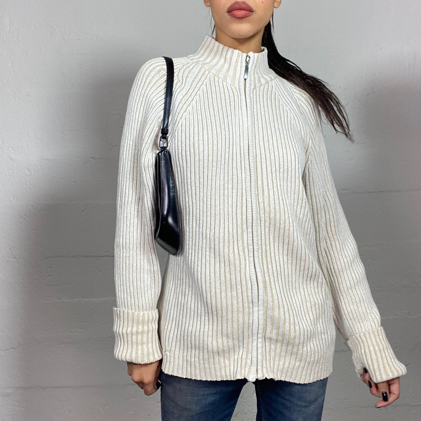 Vintage 90's Cyber Off White Knit Zip Up Sweater (L)