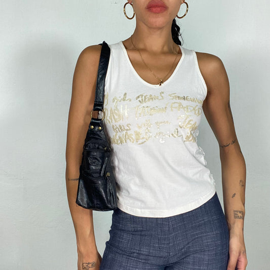 Vintage 2000's Sleaze White Top with Gold Typography Print (S/M)