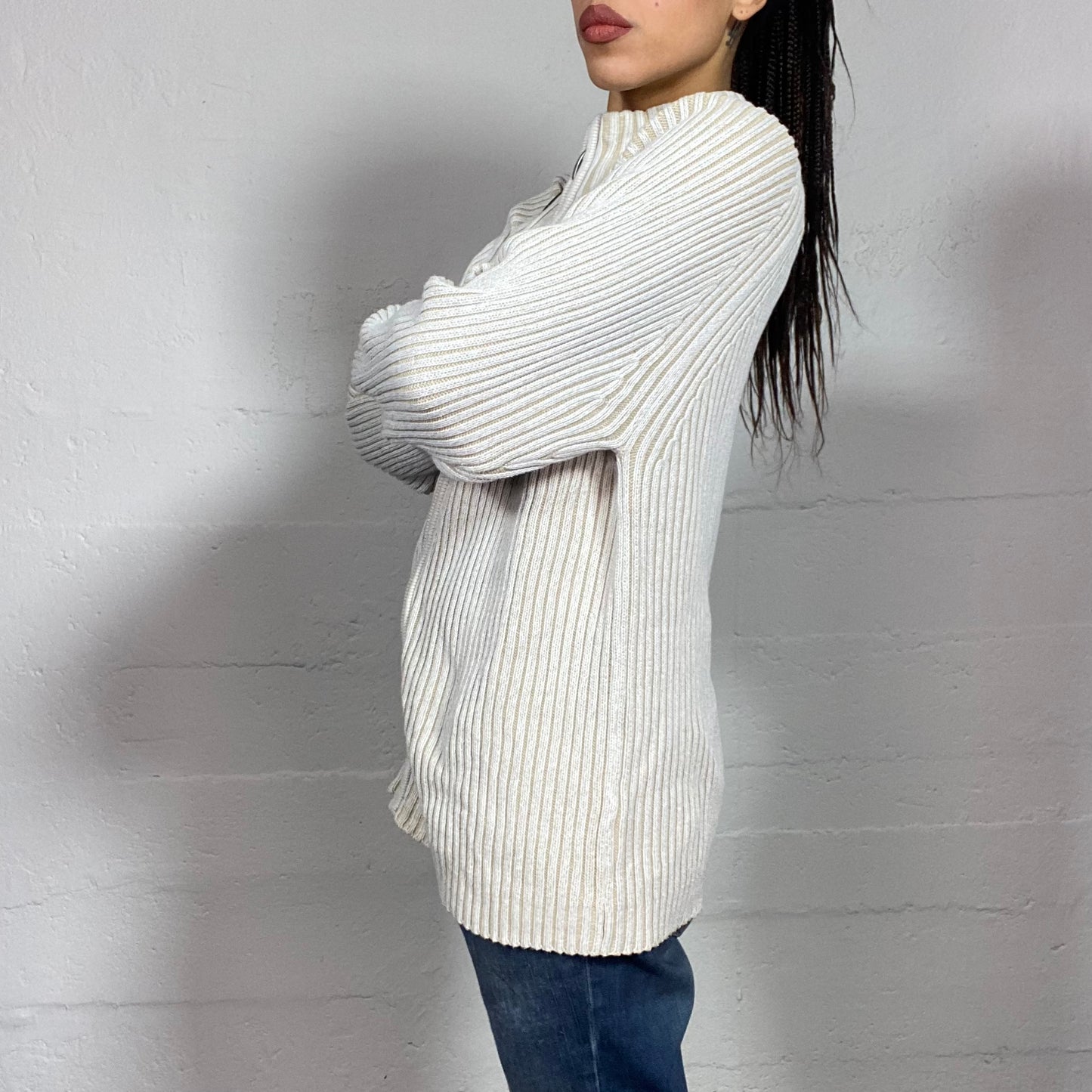 Vintage 90's Cyber Off White Knit Zip Up Sweater (L)