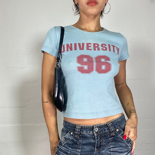 Vintage 2000's Downtown Girl Blue Crop Top with Red "University 96" Print Detail (XS)