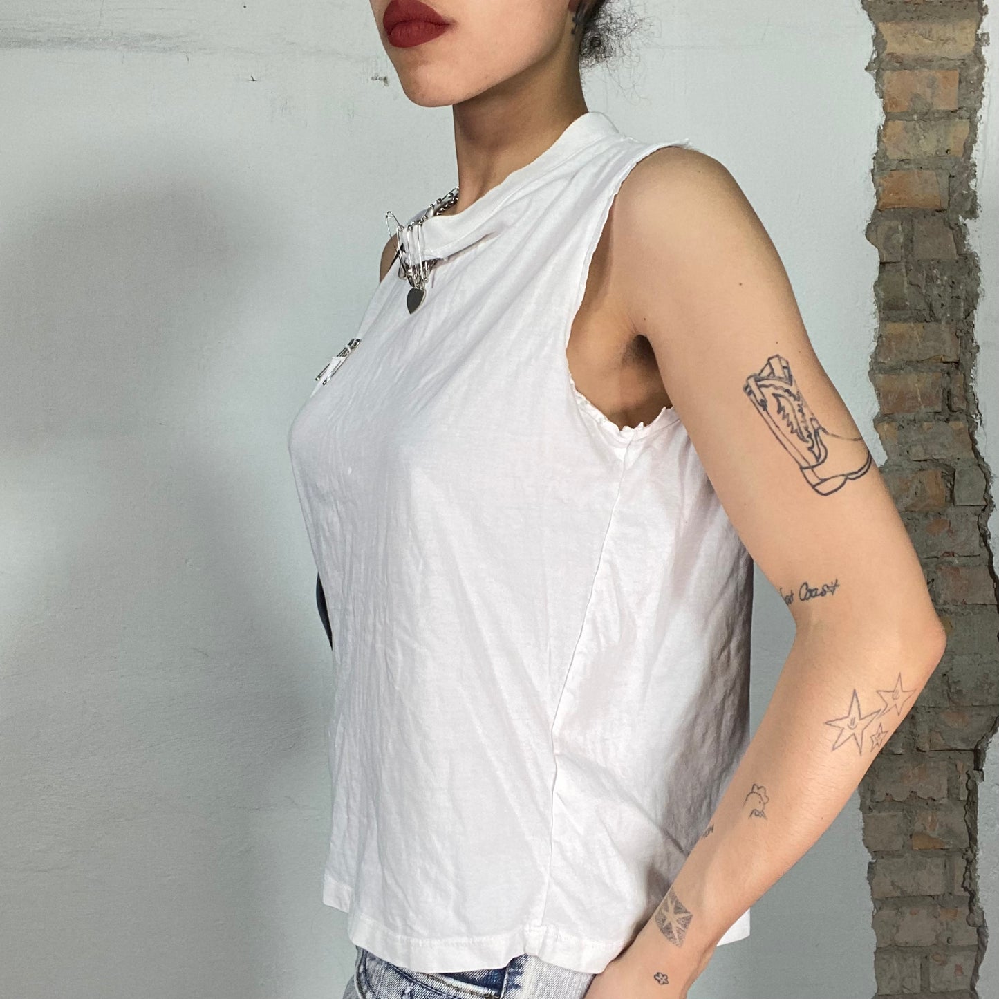 Vintage 90's Punk White Muscle Tee with Cuts and Safety Pin Details (S)