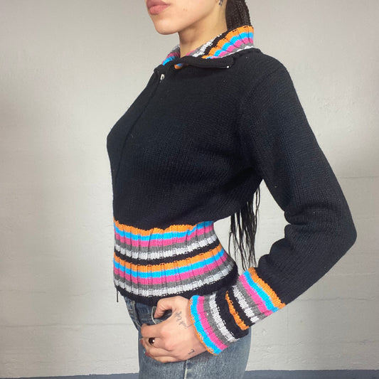 Vintage 2000's Downtown Girl Black Zip Up Knitted Hoodie with Multi Colour Stripes Trim Detail (S/M)