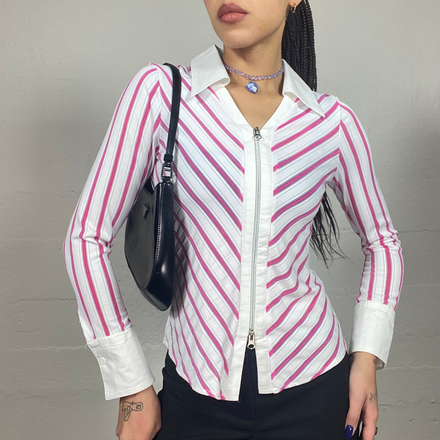 Vintage 90's Rachel Green White Zip Up Shirt with Pink Stripes Print (S)