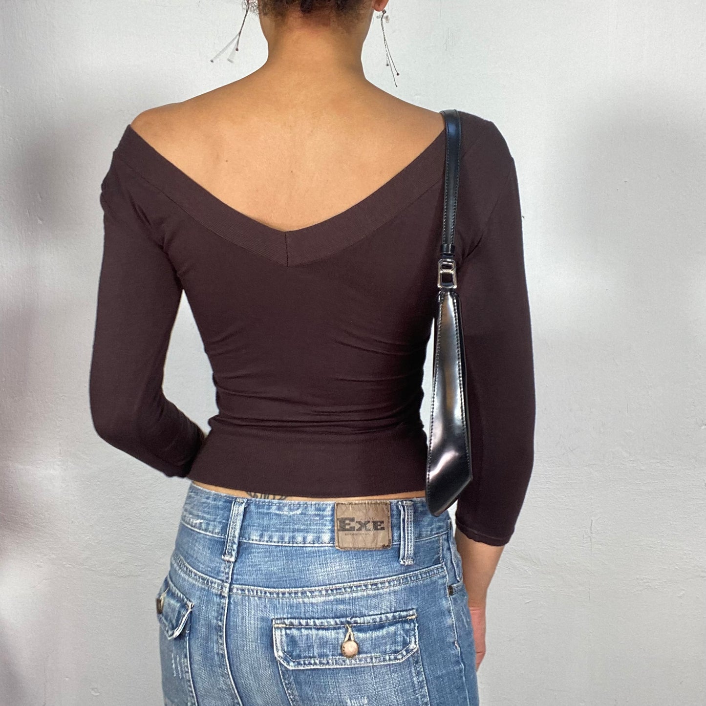 Vintage 90's Model Off Duty Brown Off Shoulder Top with Buckle Detail (S)